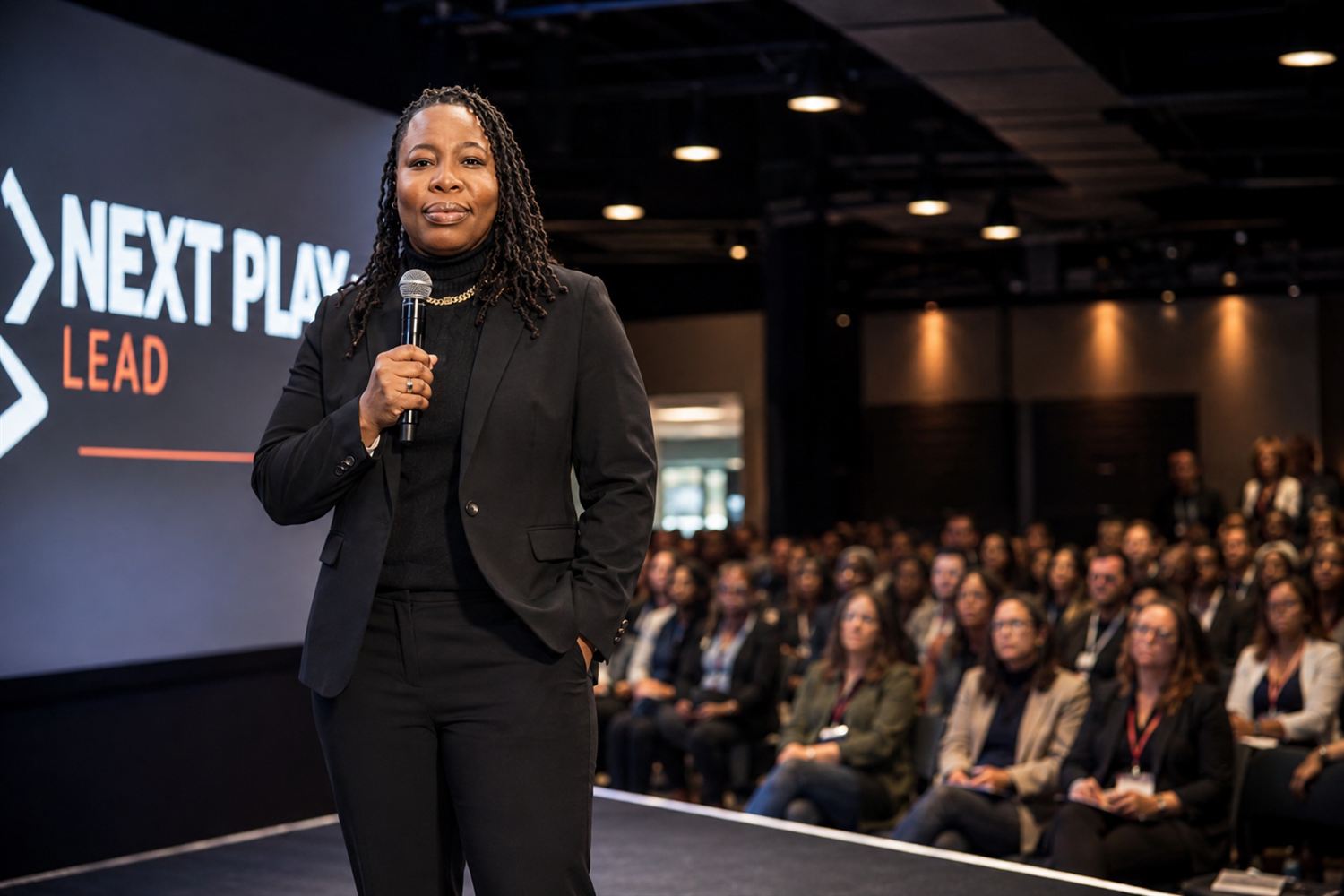 Dr. Kenyell Hutchins presenting the Next Play Lead Operating System on stage